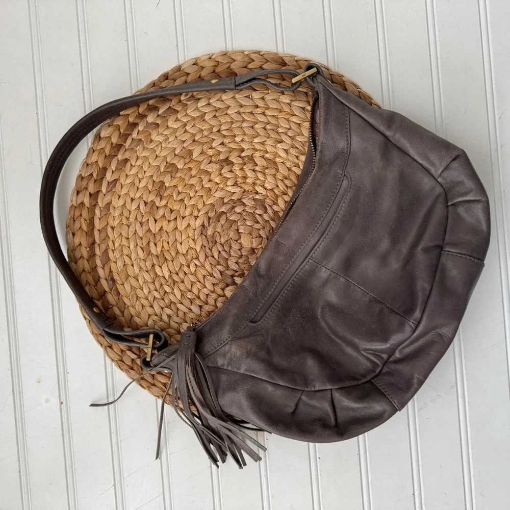 HOBO Gray Leather Hobo Shoulder Bag with Tassel